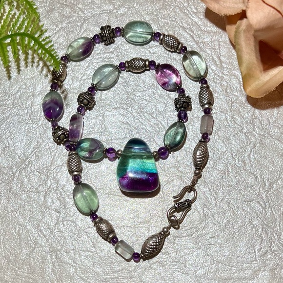 Natural Fluorite 925 Sterling silver Necklace. Large Tri-color Fluorite Pendant - Picture 7 of 15